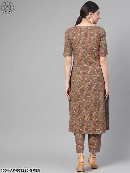 Women Green & Red Straight Geometric Printed Kurta And Palazzos Set