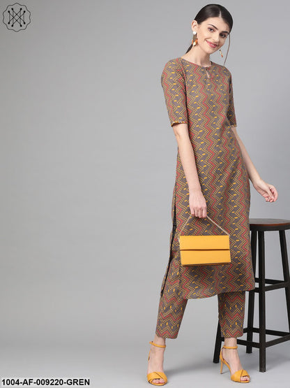 Women Green & Red Straight Geometric Printed Kurta And Palazzos Set