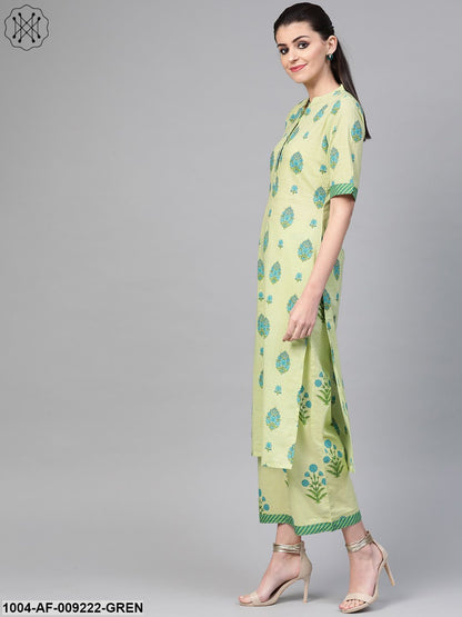 Women Green & Blue Straight Ethnic Motifs Printed Kurta And Palazzos Set