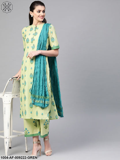 Women Green & Blue Straight Ethnic Motifs Printed Kurta And Palazzos Set