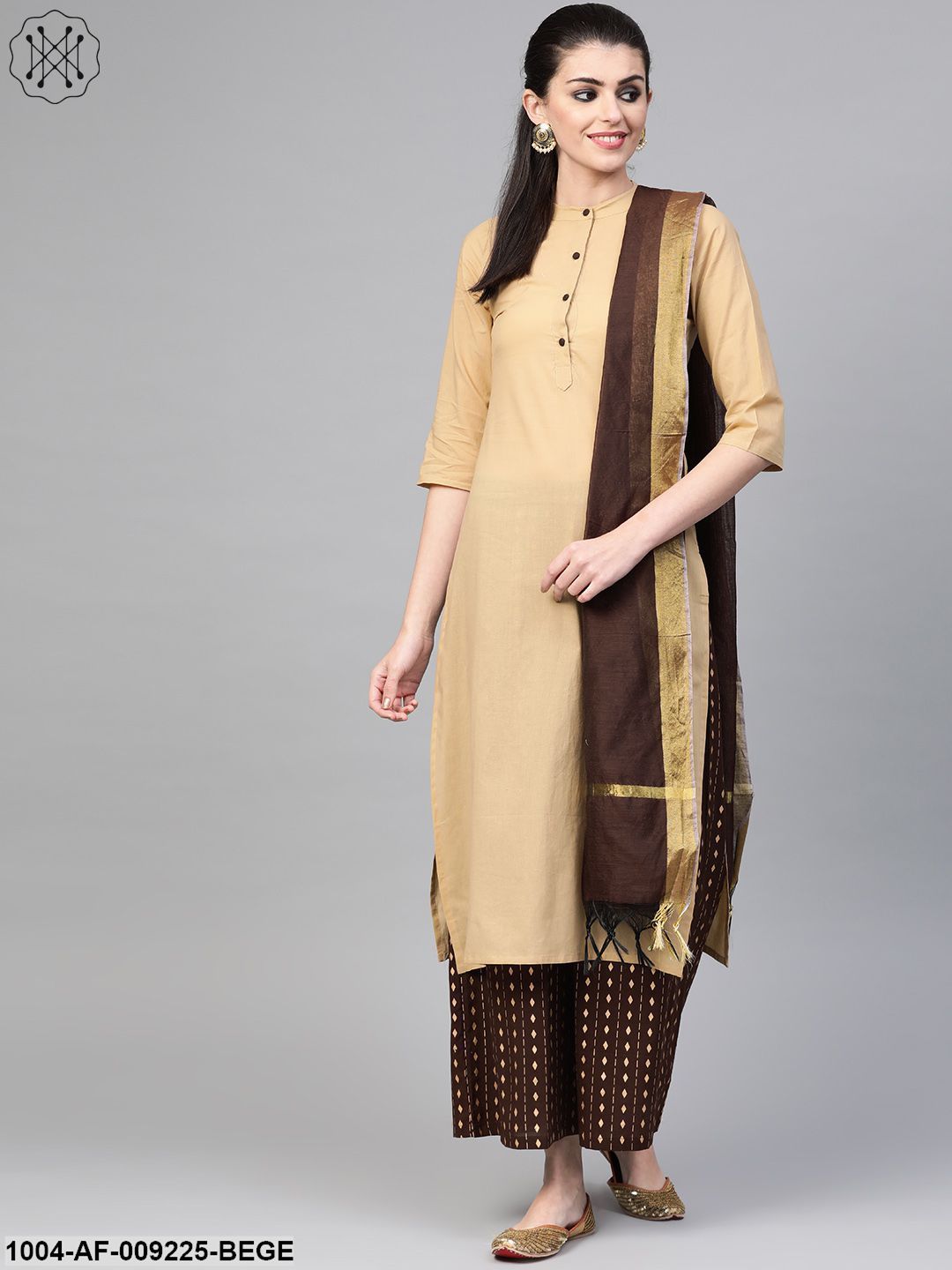 Women Beige & Brown Straight Solid Solid Kurta And Palazzos Set