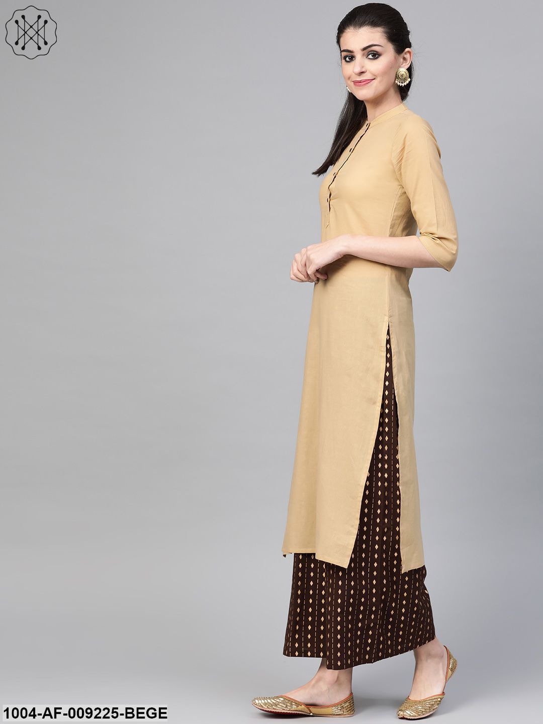 Women Beige & Brown Straight Solid Solid Kurta And Palazzos Set