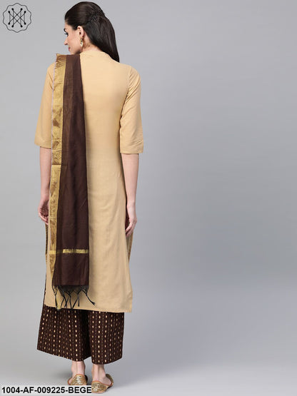 Women Beige & Brown Straight Solid Solid Kurta And Palazzos Set