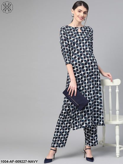 Women White & Navy Blue Straight Geometric Printed Kurta And Trousers Set