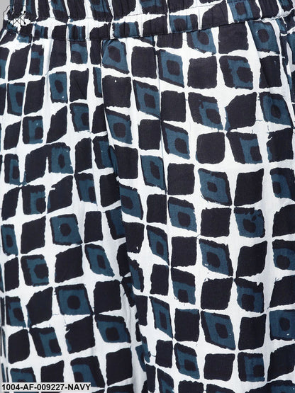 Women White & Navy Blue Straight Geometric Printed Kurta And Trousers Set