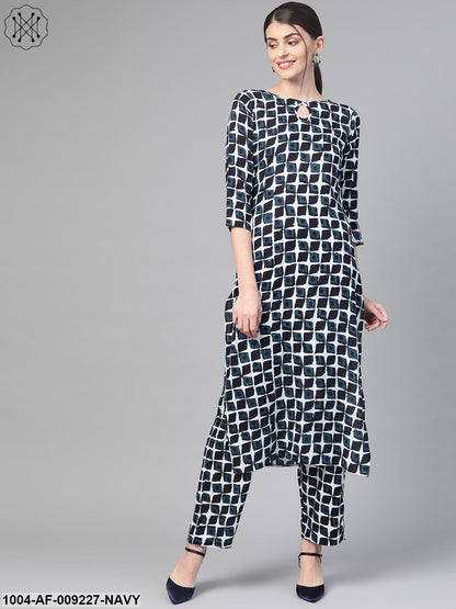 Women White & Navy Blue Straight Geometric Printed Kurta And Trousers Set