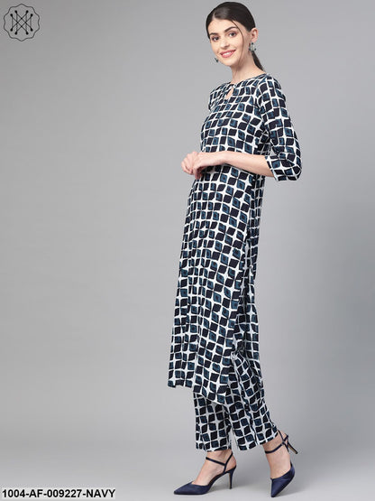 Women White & Navy Blue Straight Geometric Printed Kurta And Trousers Set