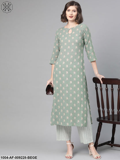 Women Green & Beige Straight Quirky Printed Kurta And Trousers Set