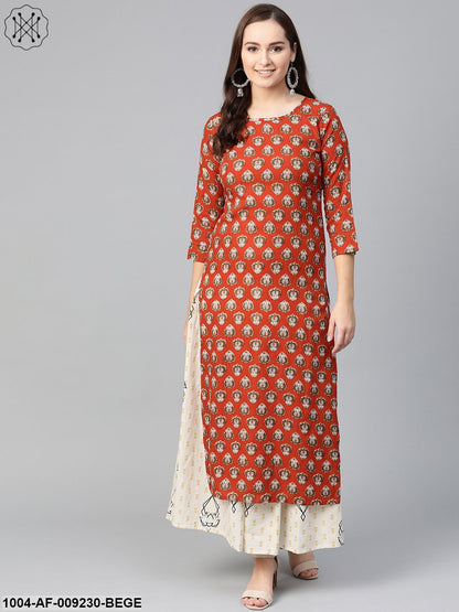 Women Rust & Beige Straight Ethnic Motifs Printed Kurta And Skirt Set