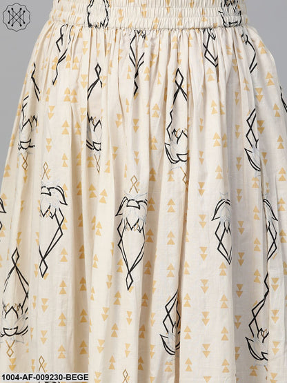 Women Rust & Beige Straight Ethnic Motifs Printed Kurta And Skirt Set