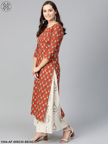 Women Rust & Beige Straight Ethnic Motifs Printed Kurta And Skirt Set