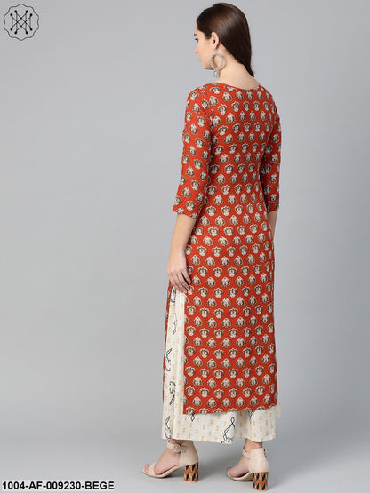 Women Rust & Beige Straight Ethnic Motifs Printed Kurta And Skirt Set