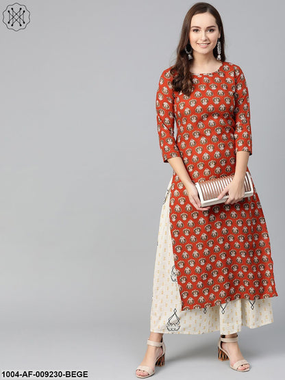 Women Rust & Beige Straight Ethnic Motifs Printed Kurta And Skirt Set