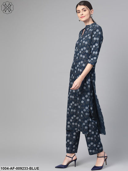 Women Navy Blue & Blue Straight Floral Printed Kurta And Trousers Set