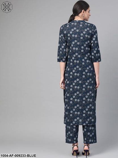 Women Navy Blue & Blue Straight Floral Printed Kurta And Trousers Set
