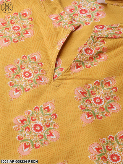 Women Mustard & Peach Straight Floral Printed Kurta And Trousers Set