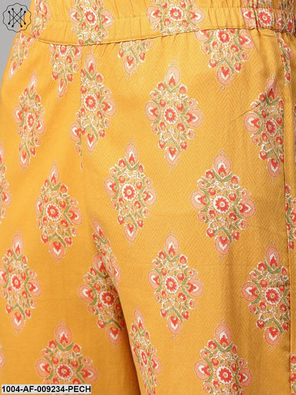 Women Mustard & Peach Straight Floral Printed Kurta And Trousers Set