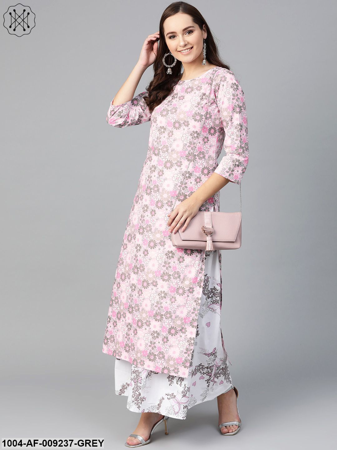 Women Pink & Grey Straight Floral Printed Kurta And Skirt Set