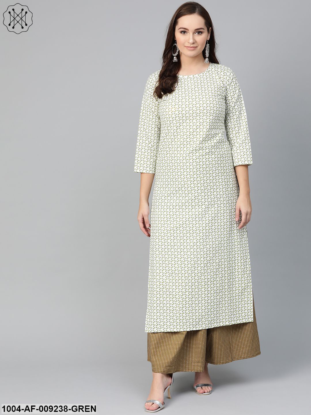 Women White & Green Straight Floral Printed Kurta And Skirt Set