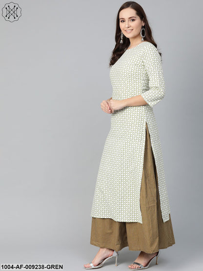 Women White & Green Straight Floral Printed Kurta And Skirt Set