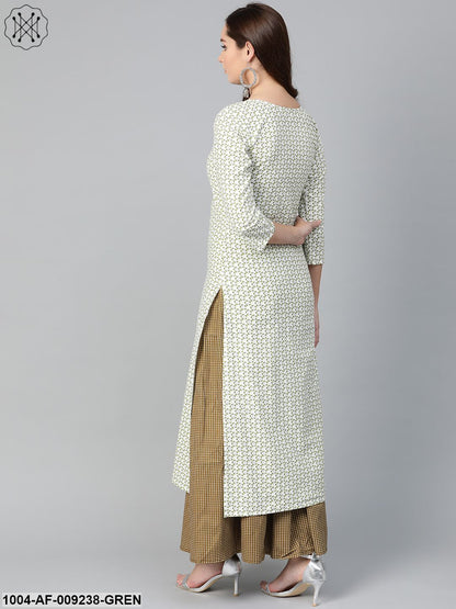 Women White & Green Straight Floral Printed Kurta And Skirt Set