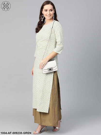 Women White & Green Straight Floral Printed Kurta And Skirt Set