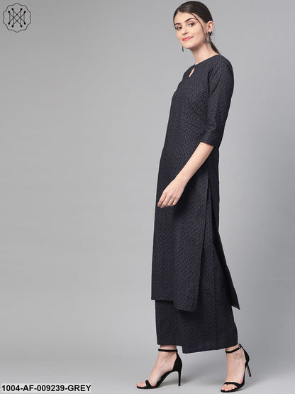 Women Black & Grey Straight Abstract Printed Kurta And Palazzos Set