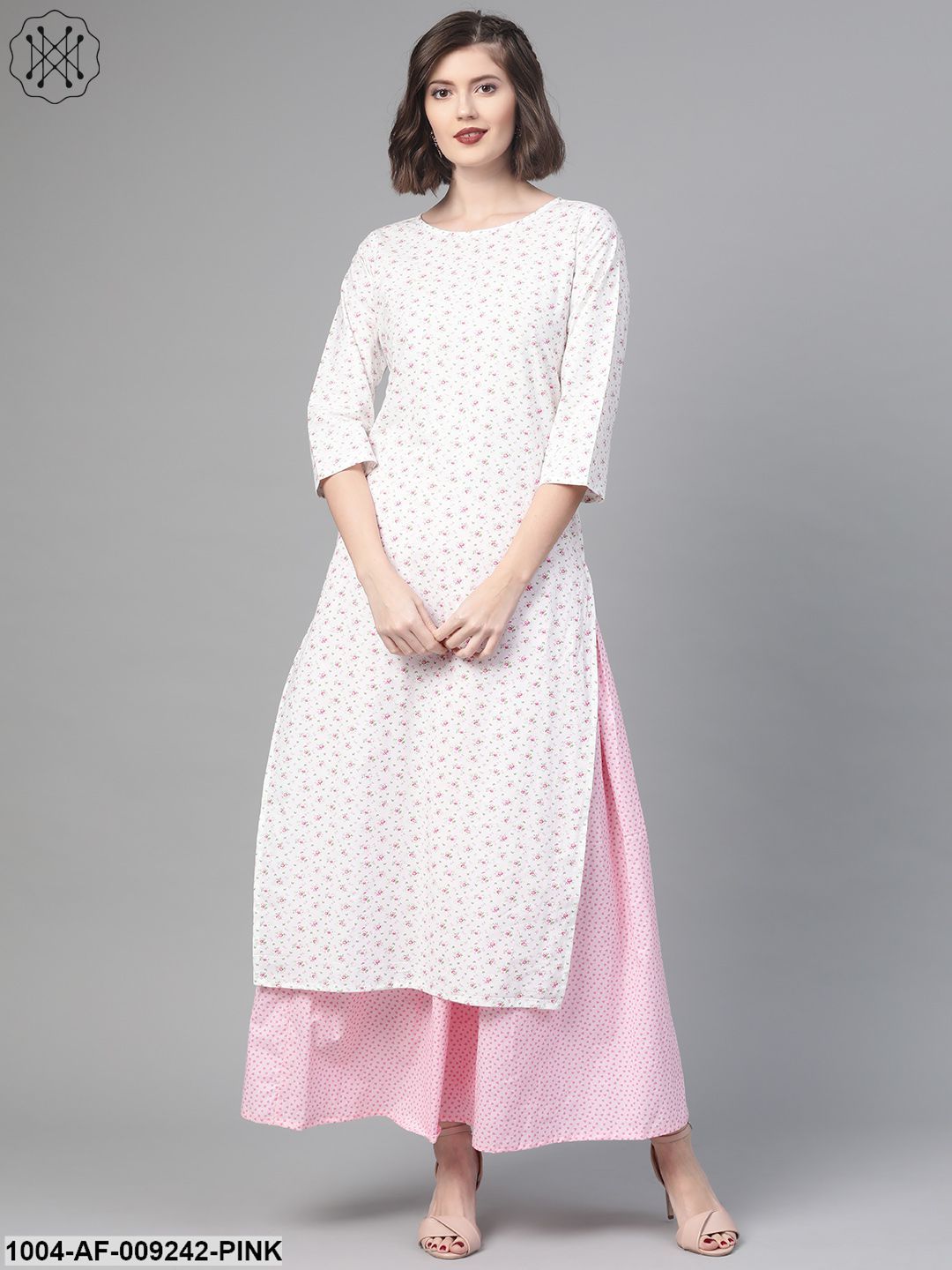 Women White & PinkStraight Floral Printed Kurta And Skirt Set