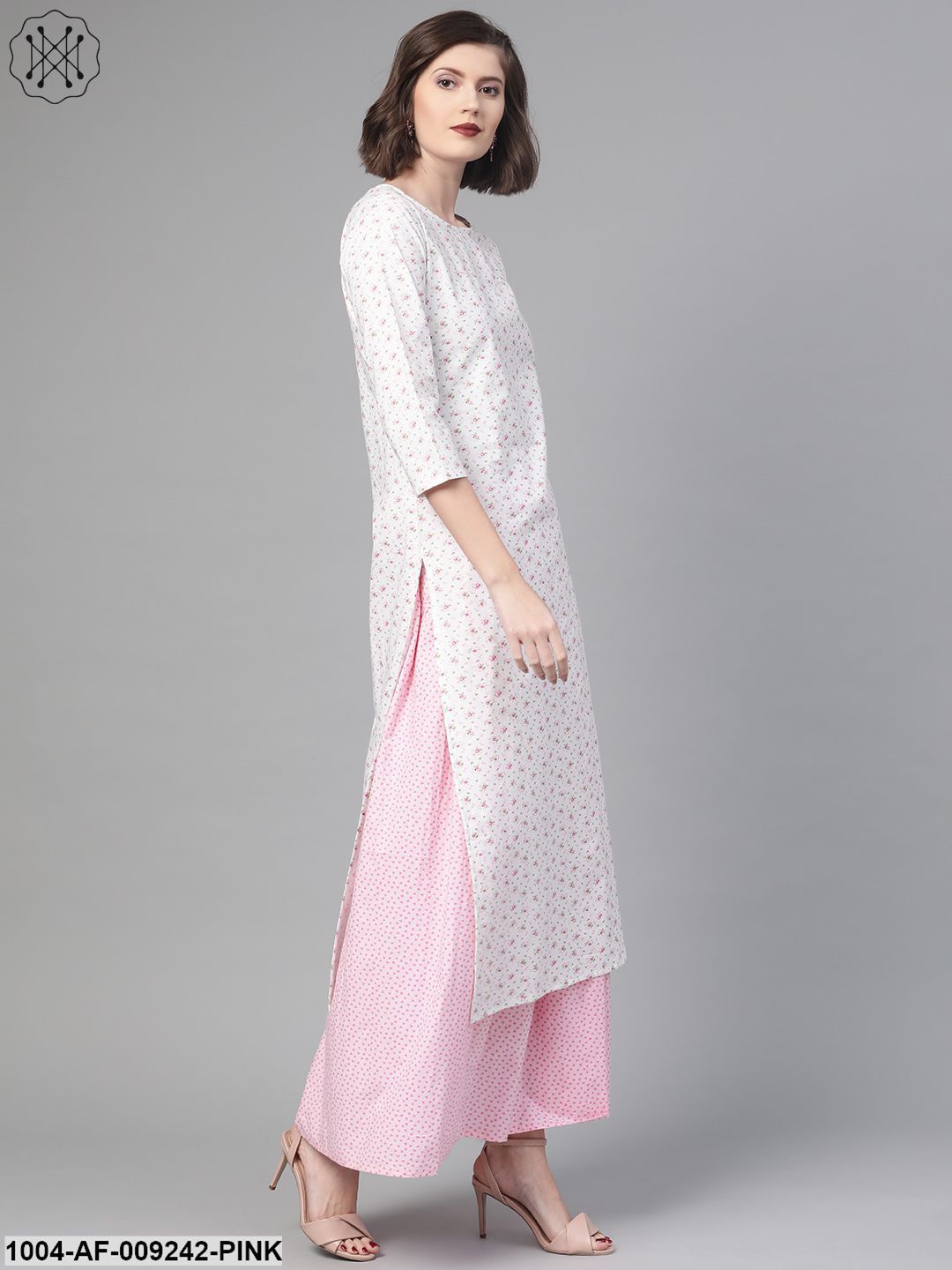 Women White & PinkStraight Floral Printed Kurta And Skirt Set