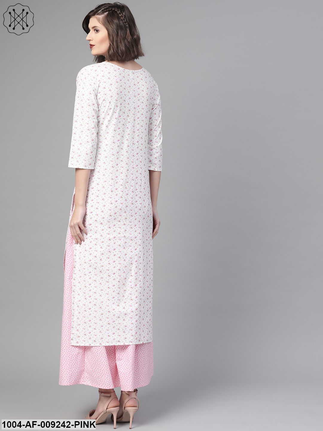 Women White & PinkStraight Floral Printed Kurta And Skirt Set