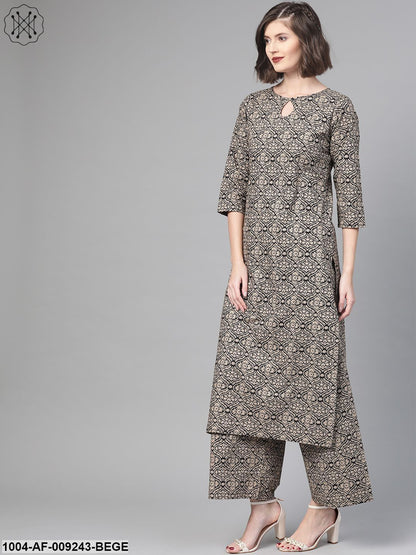 Women Black & Beige Straight Ethnic Motifs Printed Kurta And Palazzos Set