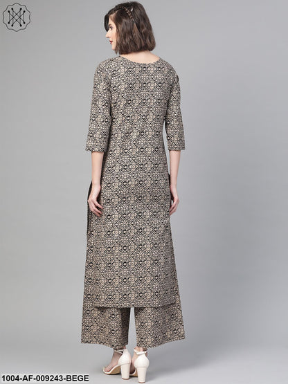 Women Black & Beige Straight Ethnic Motifs Printed Kurta And Palazzos Set