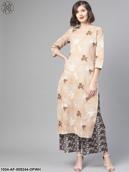 Women Beige & Off White Straight Floral Printed Kurta And Palazzos Set
