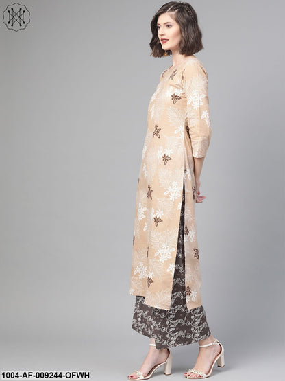 Women Beige & Off White Straight Floral Printed Kurta And Palazzos Set