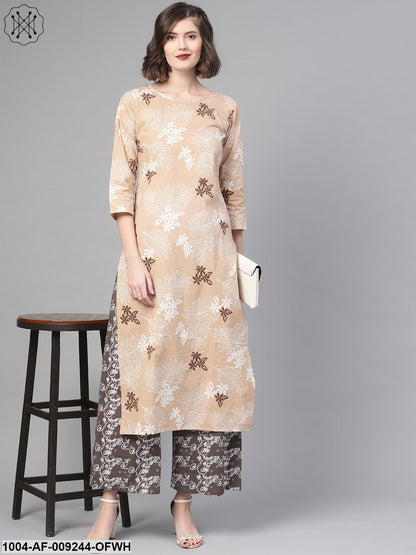 Women Beige & Off White Straight Floral Printed Kurta And Palazzos Set