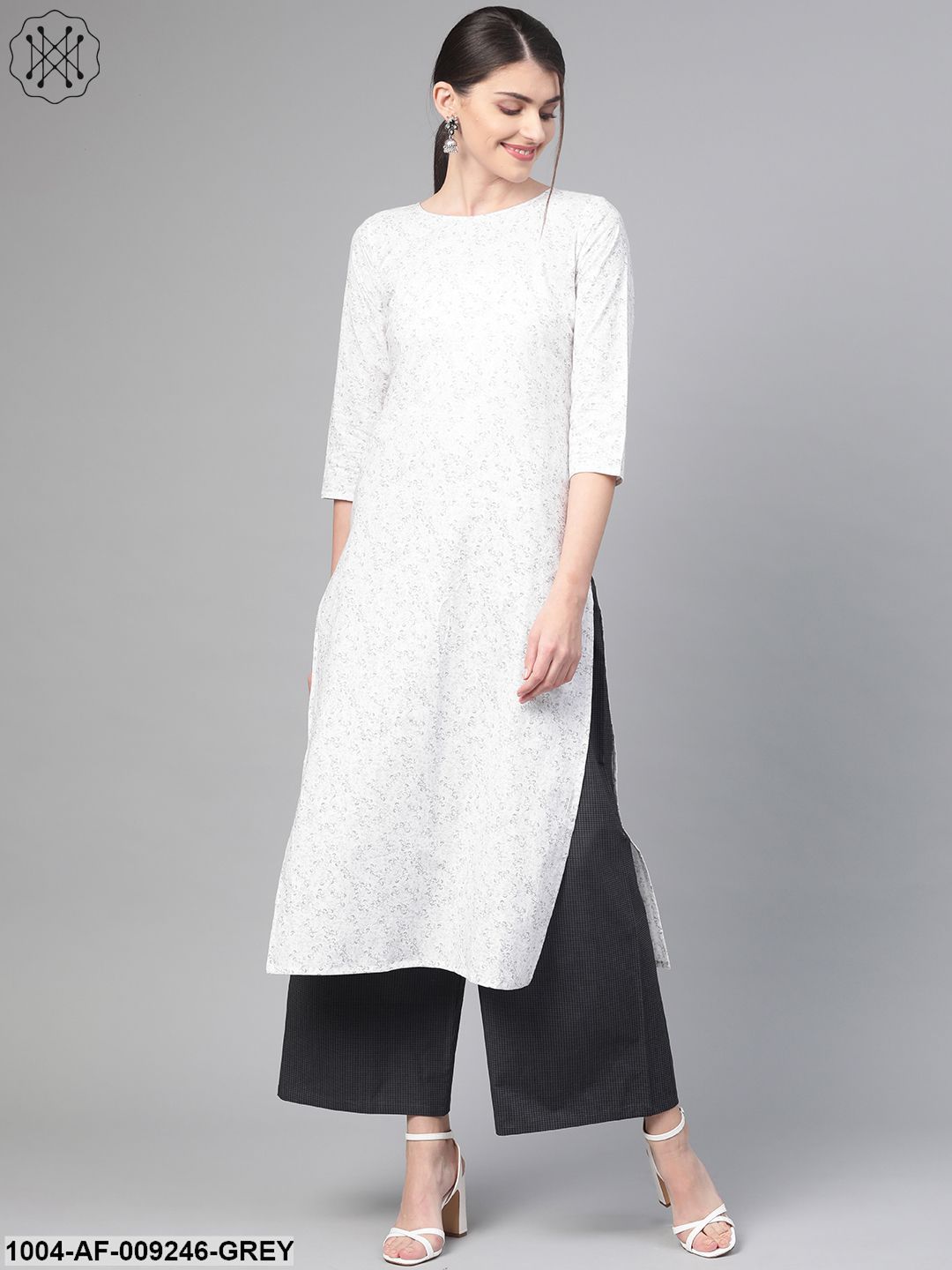 Women White & Grey Straight Floral Printed Kurta And Palazzos Set