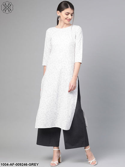 Women White & Grey Straight Floral Printed Kurta And Palazzos Set