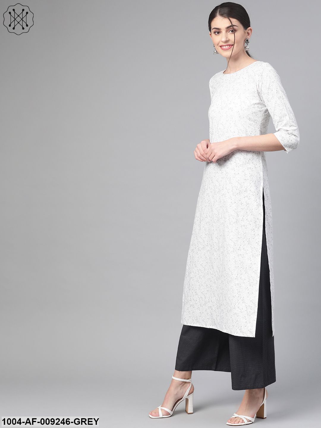 Women White & Grey Straight Floral Printed Kurta And Palazzos Set