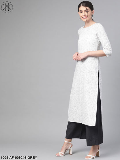 Women White & Grey Straight Floral Printed Kurta And Palazzos Set