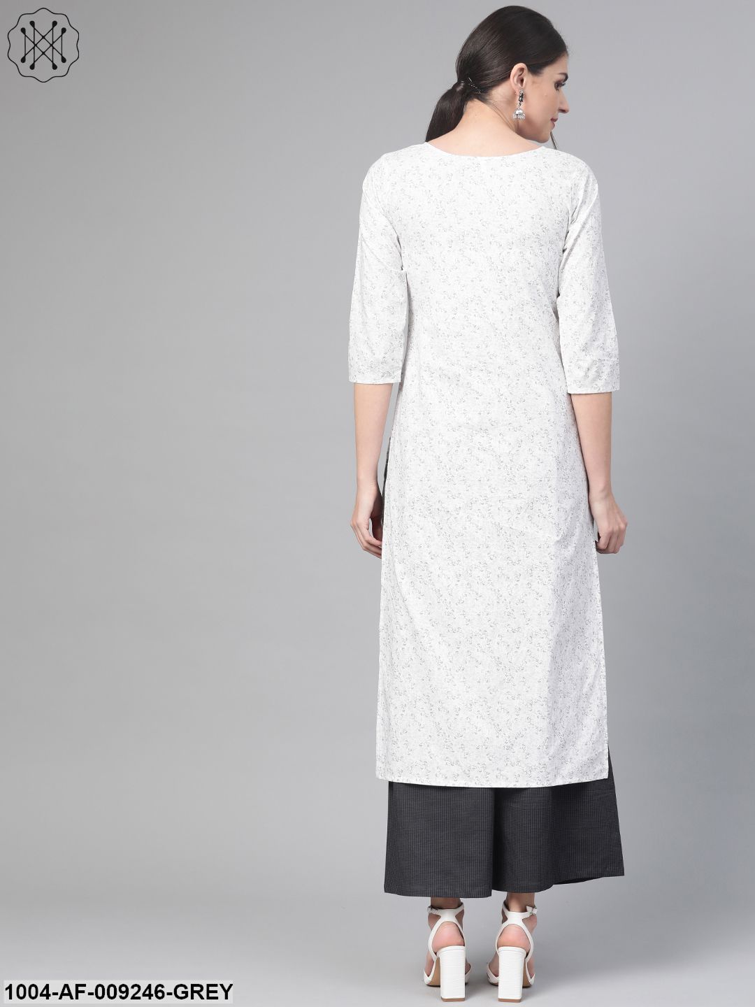 Women White & Grey Straight Floral Printed Kurta And Palazzos Set