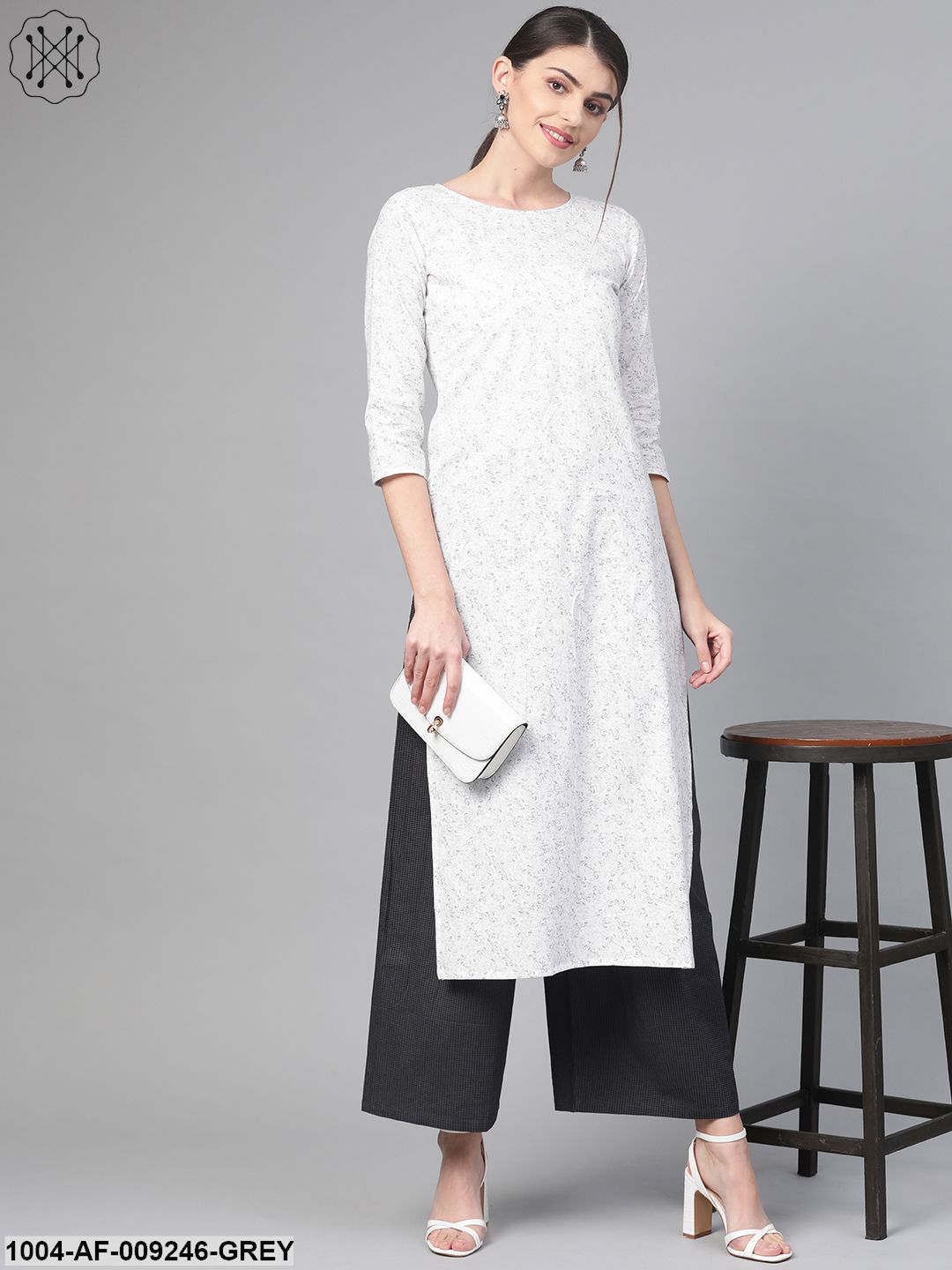 Women White & Grey Straight Floral Printed Kurta And Palazzos Set