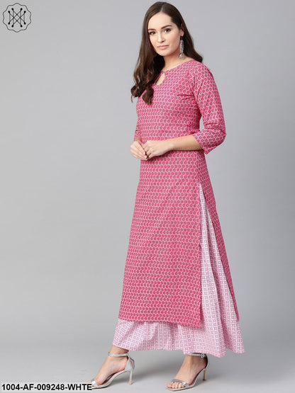 Women Pink & White Straight Floral Printed Kurta And Skirt Set