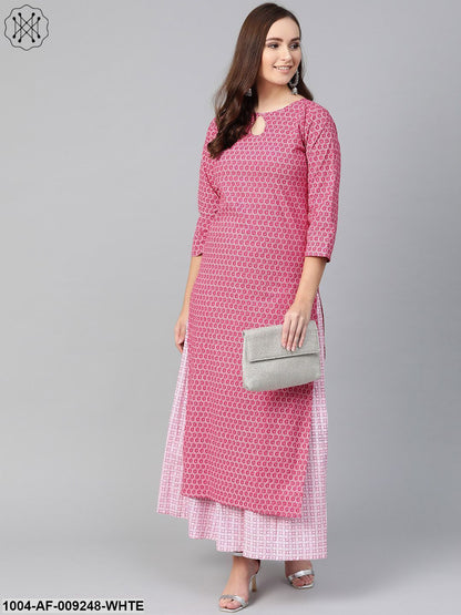 Women Pink & White Straight Floral Printed Kurta And Skirt Set