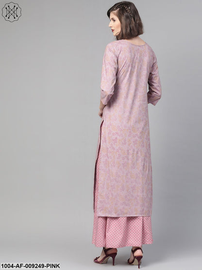 Women Mauve & Pink Straight Floral Printed Kurta And Skirt Set