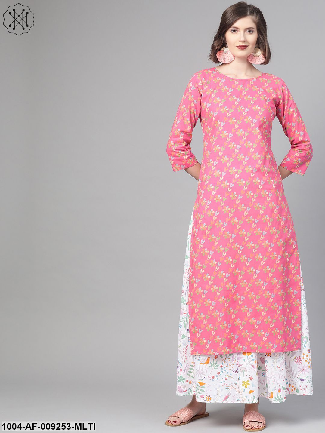 Women Pink & Multi Straight Floral Printed Kurta And Skirt Set