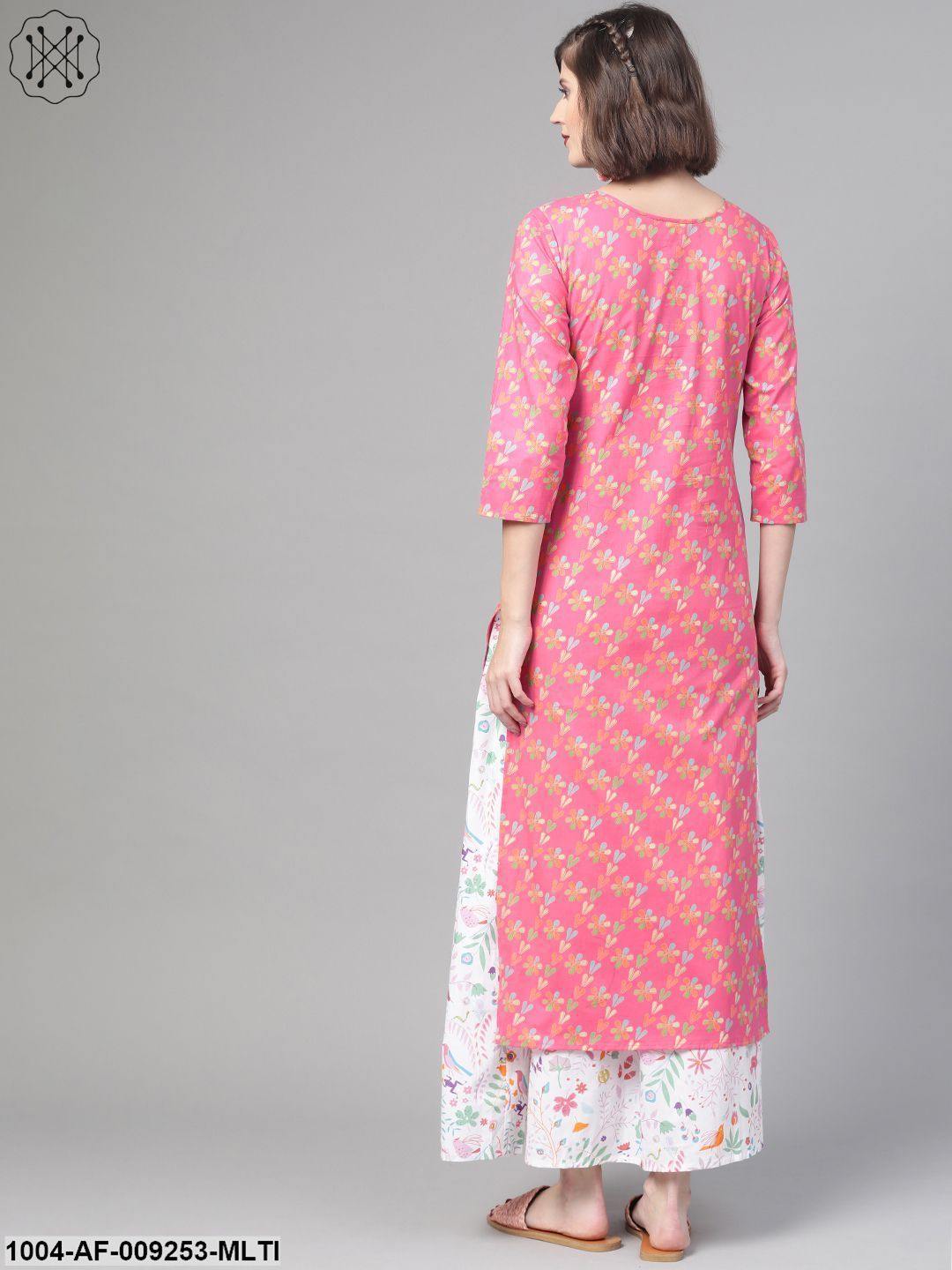 Women Pink & Multi Straight Floral Printed Kurta And Skirt Set