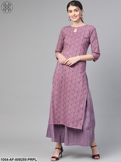 Women Mauve & Purple Straight Paisley Printed Kurta And Skirt Set