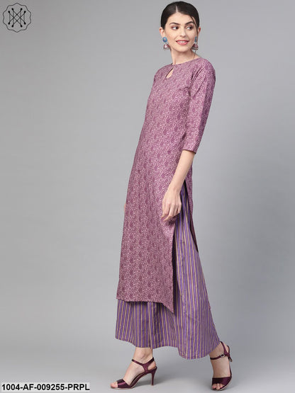 Women Mauve & Purple Straight Paisley Printed Kurta And Skirt Set