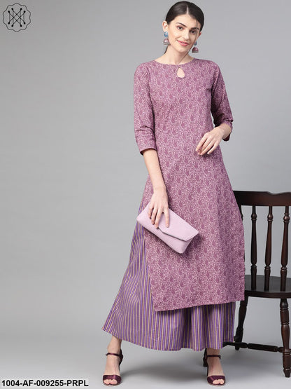 Women Mauve & Purple Straight Paisley Printed Kurta And Skirt Set