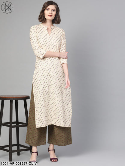 Women Cream & Olive Straight Floral Printed Kurta And Palazzos Set